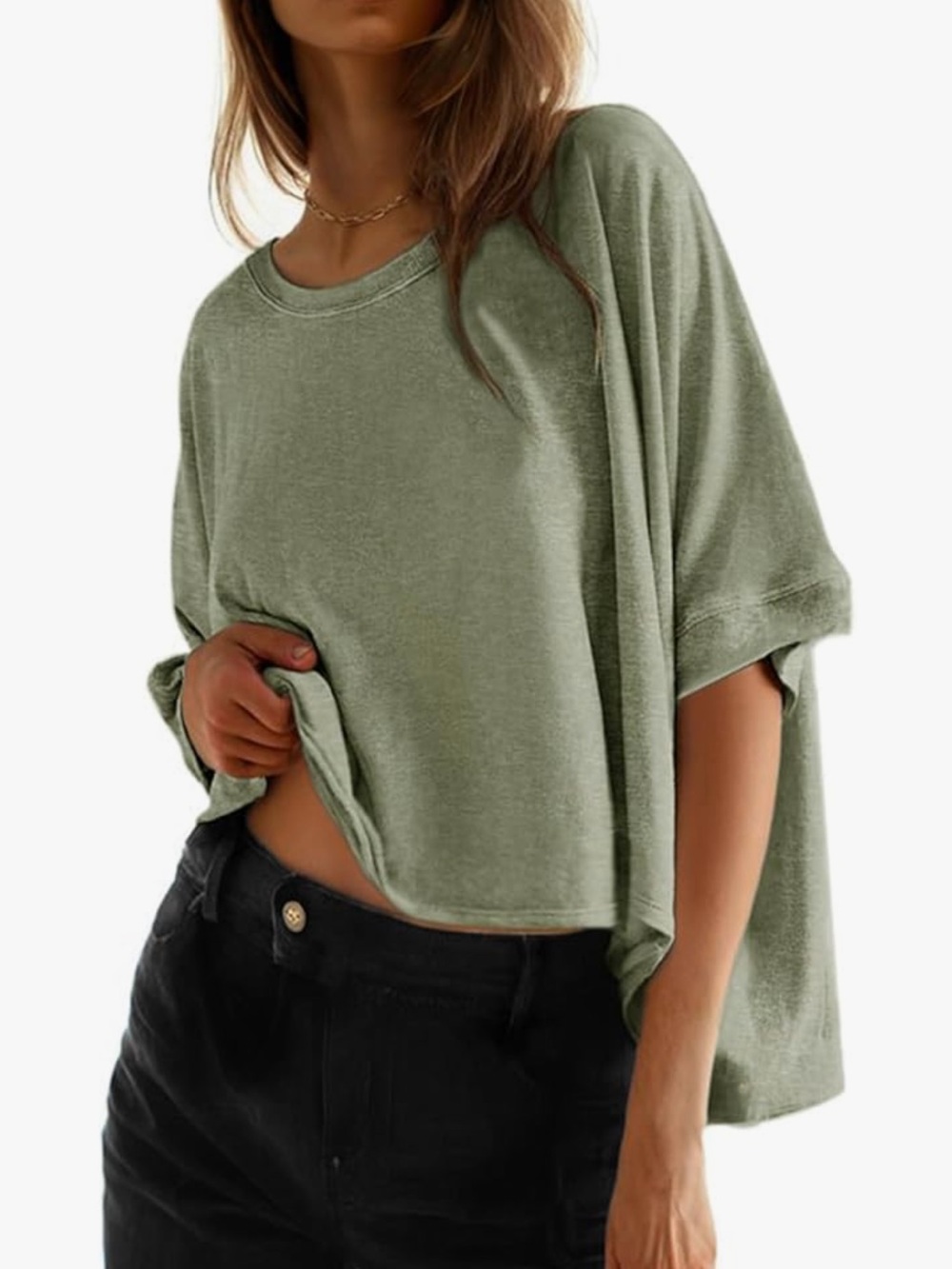 Boxy Crop Tee in Olive Green - Casual Women's Top